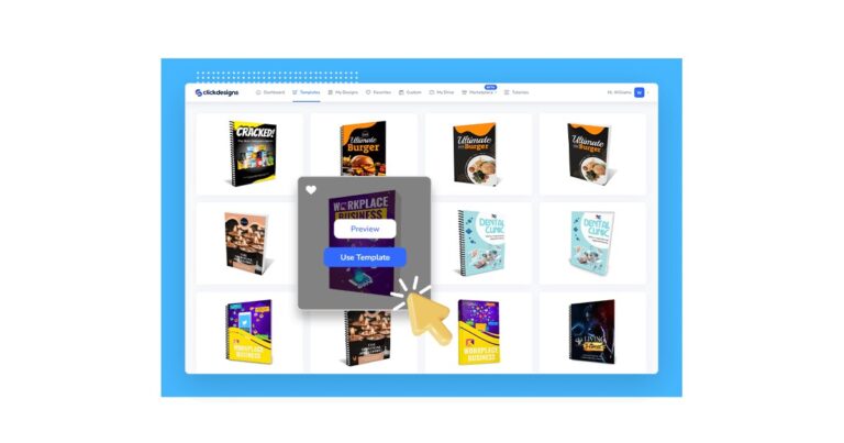 ClickDesigns dashboard showing a grid of ebook and boxshot templates with a Use Template button on one design
