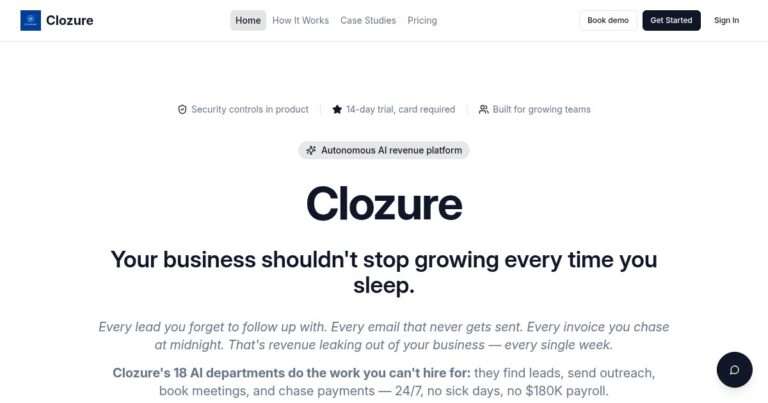 Clozure AI Business OS homepage hero with the headline 'Your business shouldn't stop growing every time you sleep' and a 14-day trial note