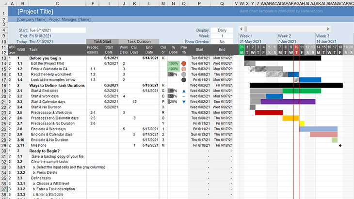 Vertex42 Gantt Chart Pro version 5.0 spreadsheet showing a project task list with a colored Gantt chart timeline in Excel
