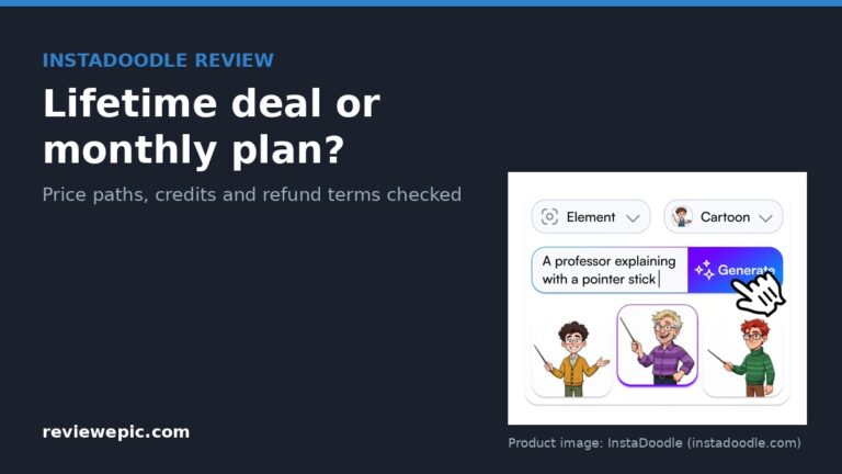 InstaDoodle prompt box generating three cartoon professor characters, with the title InstaDoodle review: lifetime deal or monthly plan