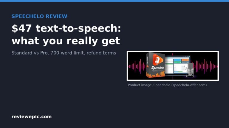 Speechelo review graphic showing the product box and editor with Standard versus Pro note